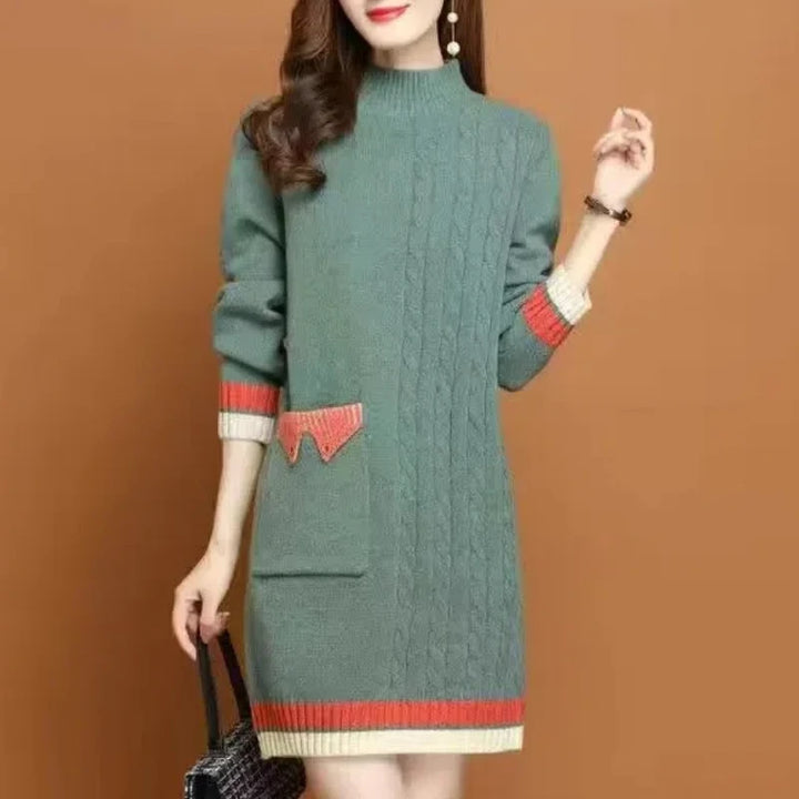 Women's Autumn Winter New Thick Mid-length Korean Commute Loose Half High Collar Patchwork Pocket Button Knitted Sweater Dresses