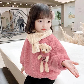 1 2 3 4 5 6 Year Baby Girls Sweatshirt Spring Autumn Warm Fleece Tops Cute Bear Pullover Children's Sweater Toddler Girl Clothes