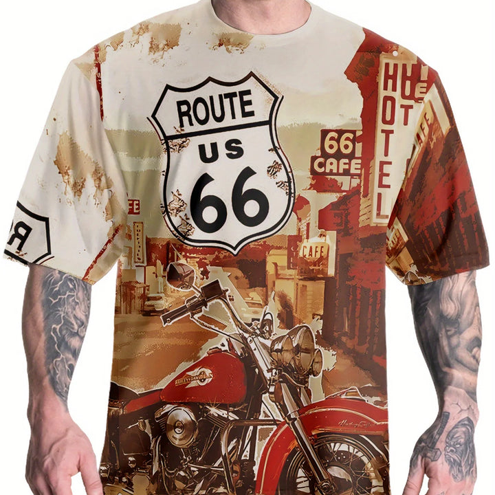 New Summer/Fall Men's Clothing 3d Printed Men's Route 66 Short Sleeve T-Shirt Men's Loose Fashion Casual Extra Size T-Shirt