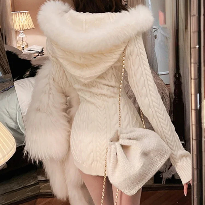 2024 Winter Knitted Sweater Dress with Hooded Women Slim Bodycon Y2k Mini Dress Faux Fur Female One Piece Dress Korean Elegant