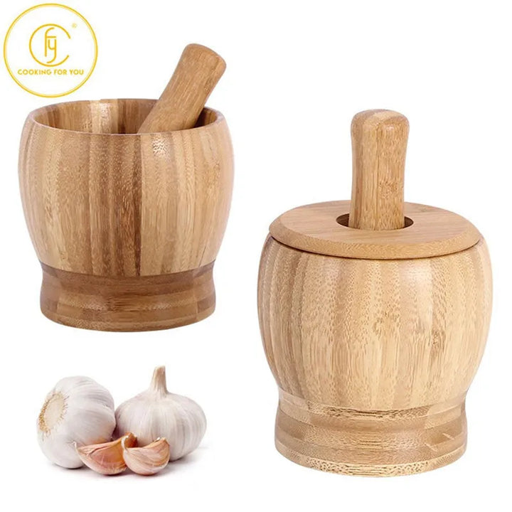 460ml Large Capacity bamboo Garlic Press Spice Grinder Manual Mashed Garlic Grinder with Bamboo Mortar and Pestle Kitchen Tools