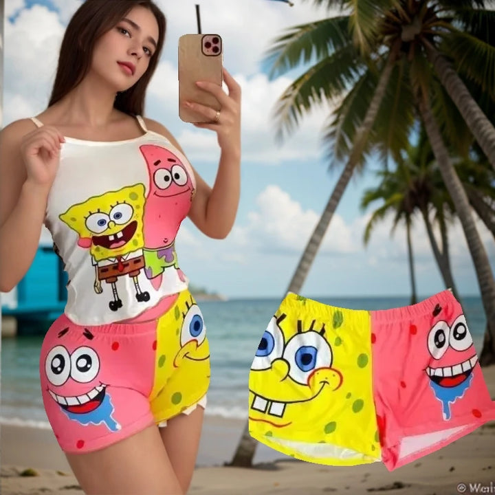 SpongeBob Bikini Patrick Camisole Set Fashion Women Crop Tank Top Bikini Shorts Two-piece Set Female Pajamas Casual Streetwear