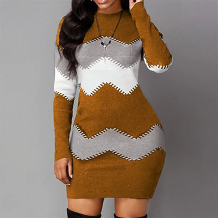 Women Elegant Patchwork Long Sleeve Warm Dress 2024 Autumn Winter Rib Knit Sweater Dress Casual Turtleneck Pullover Mini Dresses