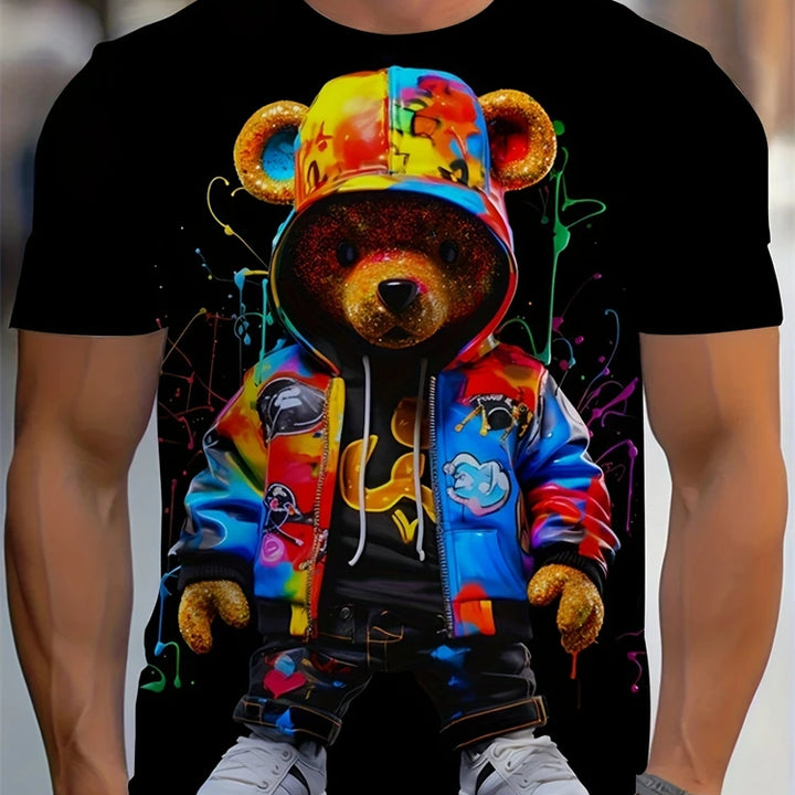 Hip-hop Style Cartoon Bear Print Men's T-shirt Summer Casual Everyday Top Urban Street Fashion Men's Oversized Short Sleeve Tees