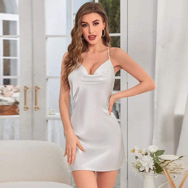 Sexy lace bow short backless camisole skirt imitation silk thin women's dress solid color summer V-neck cross home nightgown