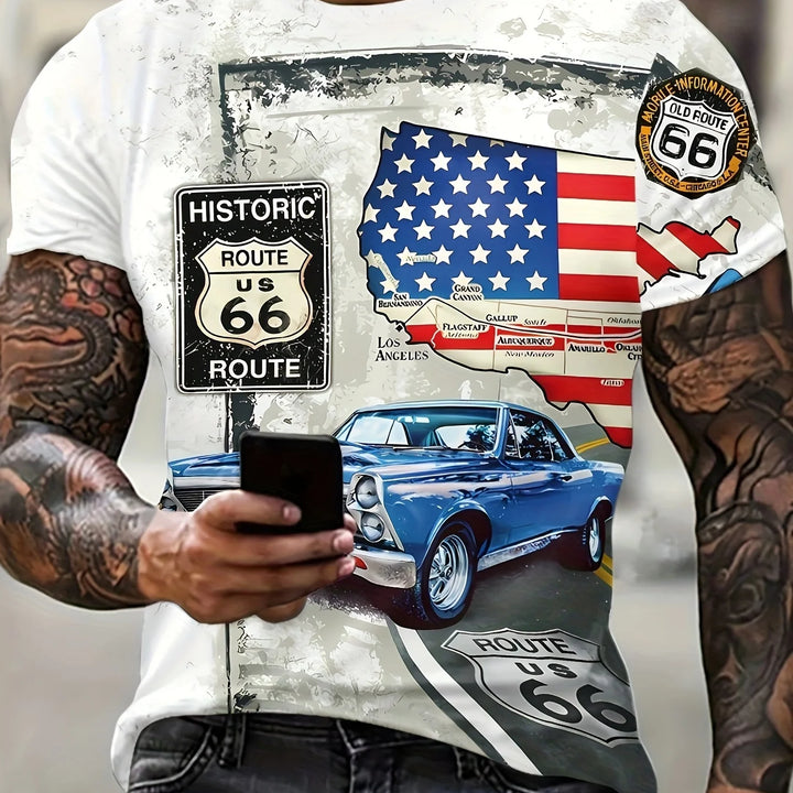 New Summer/Fall Men's Clothing 3d Printed Men's Route 66 Short Sleeve T-Shirt Men's Loose Fashion Casual Extra Size T-Shirt