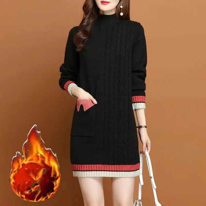 Women's Autumn Winter New Thick Mid-length Korean Commute Loose Half High Collar Patchwork Pocket Button Knitted Sweater Dresses