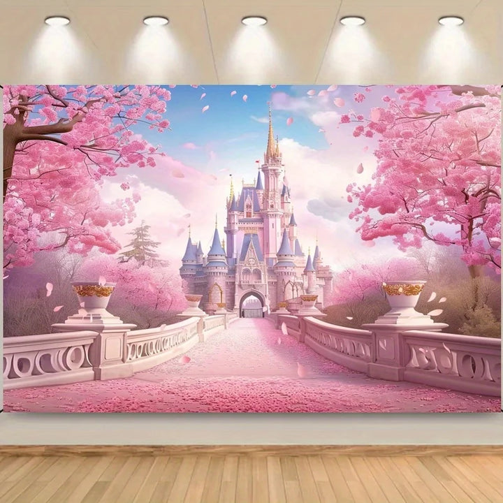 Magic Princess Castle Background - pink cherry blossoms and rainbow flowers, perfect for birthday and wedding parties