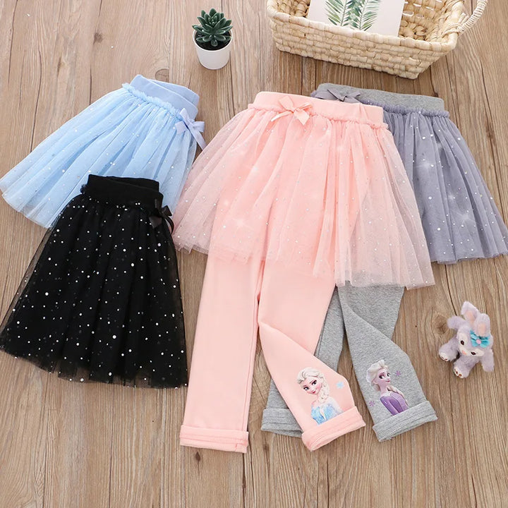 Quality Cotton Girls Skirt Pants for Children Disney Frozen Elsa Princess Skirts Baby Girl Pink Blue Trouser Lace Kids Leggings