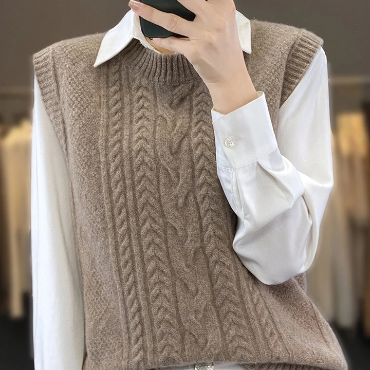 Hot sales Women's O-neck wool vest solid color twisted flower knitted women's sleeveless sweater short 100% wool pullover vest