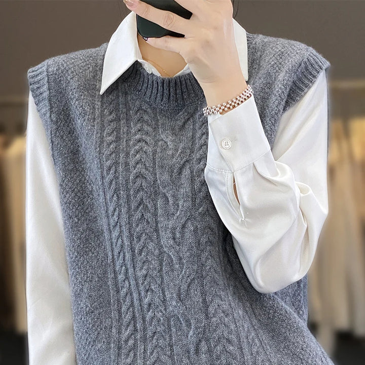 Hot sales Women's O-neck wool vest solid color twisted flower knitted women's sleeveless sweater short 100% wool pullover vest