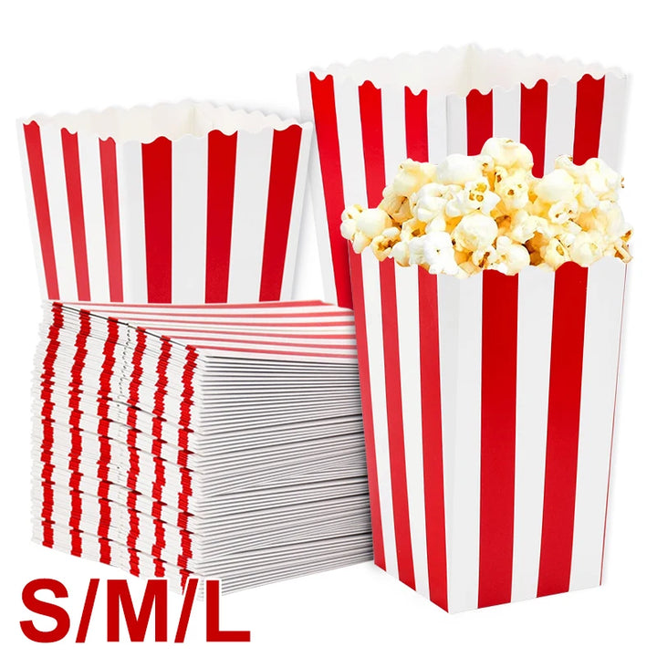 12pcs Popcorn Box Buckets Movie Night Fries Cup Snack Containers Birthday Party Supplies Wedding Christmas Carnival Stripes Bags