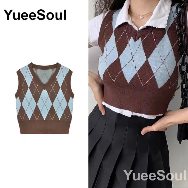 Vintage Knitted Women Sweater Vest American Y2K Aesthetic Sweet Cute 90s Slim Crop Waistcoat 2024 New Plaid Sleeveless Knitwears