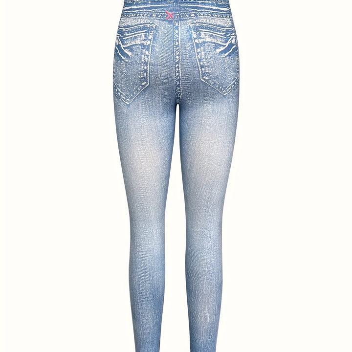 Faux Denim Butterfly Print Skinny Leggings Women Sports Pants