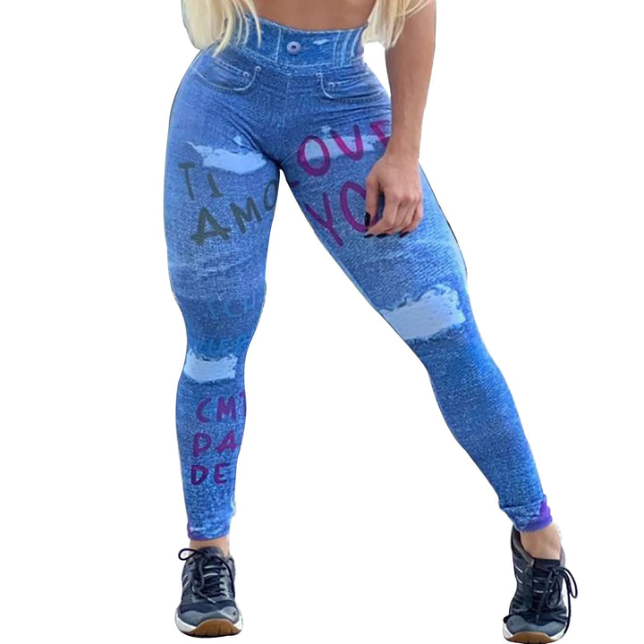 FCCEXIO Denim Telephone 3D Print Women Pants Push Up Running Sports Leggings Slim Pants Female Casual Trousers Fitness Legging