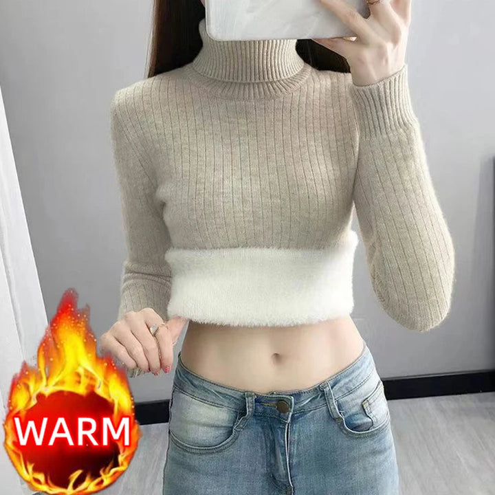 Turtleneck Winter Sweater Women Elegant  Sueter Fleece KnittedThicken Velvet Lined Warm Pullover Slim Top Jersey Knitwear Jumper