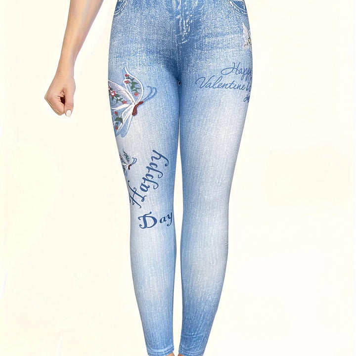 Faux Denim Butterfly Print Skinny Leggings Women Sports Pants