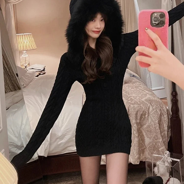 2024 Winter Knitted Sweater Dress with Hooded Women Slim Bodycon Y2k Mini Dress Faux Fur Female One Piece Dress Korean Elegant