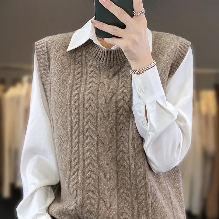 Hot sales Women's O-neck wool vest solid color twisted flower knitted women's sleeveless sweater short 100% wool pullover vest