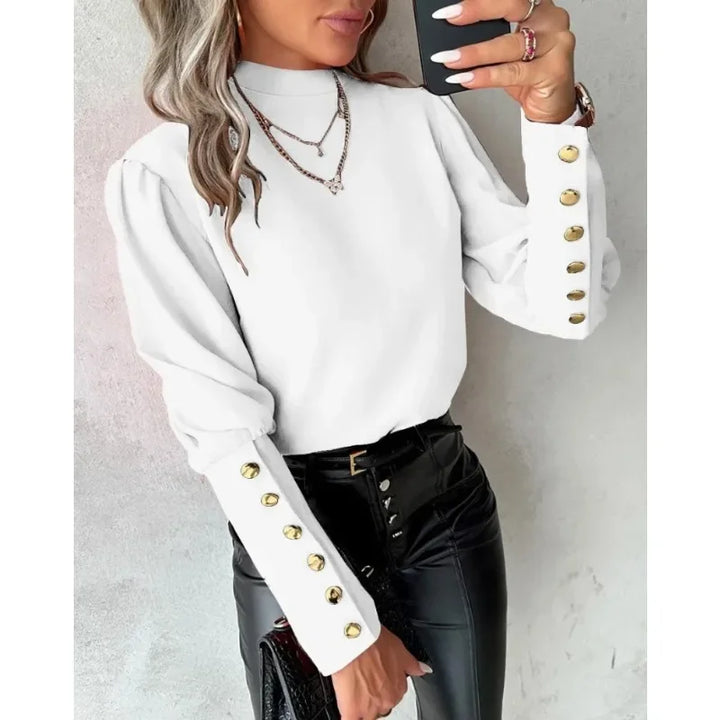 Autumn Commuter Elegant Women's Long Sleeved Shirt Simple Solid Color Round Neck Button Shirt Fashion Lace Backless Casual Shirt