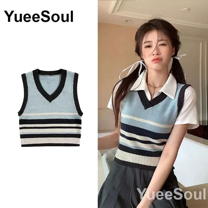 Vintage Knitted Women Sweater Vest American Y2K Aesthetic Sweet Cute 90s Slim Crop Waistcoat 2024 New Plaid Sleeveless Knitwears