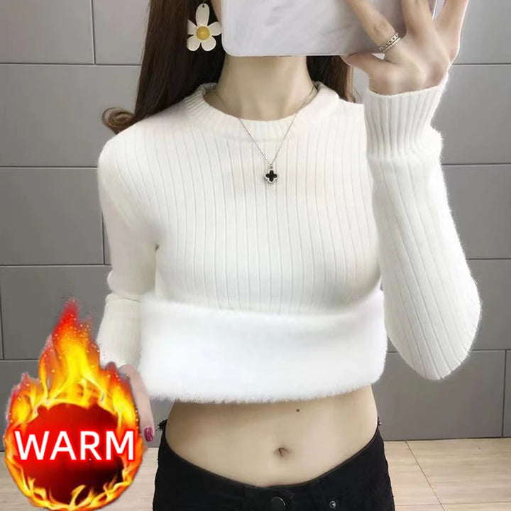 Turtleneck Winter Sweater Women Elegant  Sueter Fleece KnittedThicken Velvet Lined Warm Pullover Slim Top Jersey Knitwear Jumper