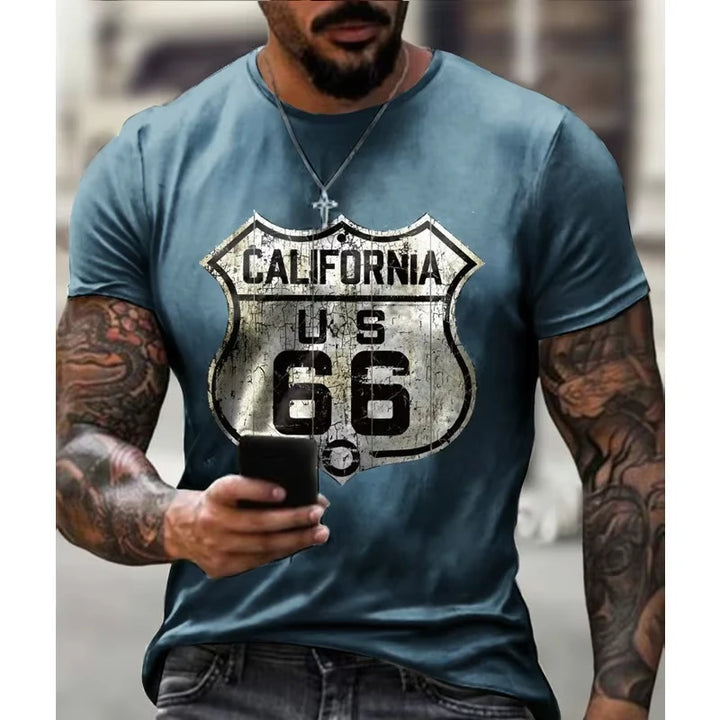 New Summer/Fall Men's Clothing 3d Printed Men's Route 66 Short Sleeve T-Shirt Men's Loose Fashion Casual Extra Size T-Shirt