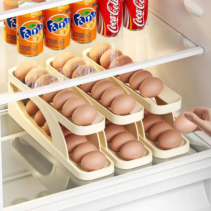 New Automatic Rolling Double-layer Egg Dispenser, Egg Holder Dispenser for Refrigerator, Holds 15 Eggs, Space-Saving Egg Storage