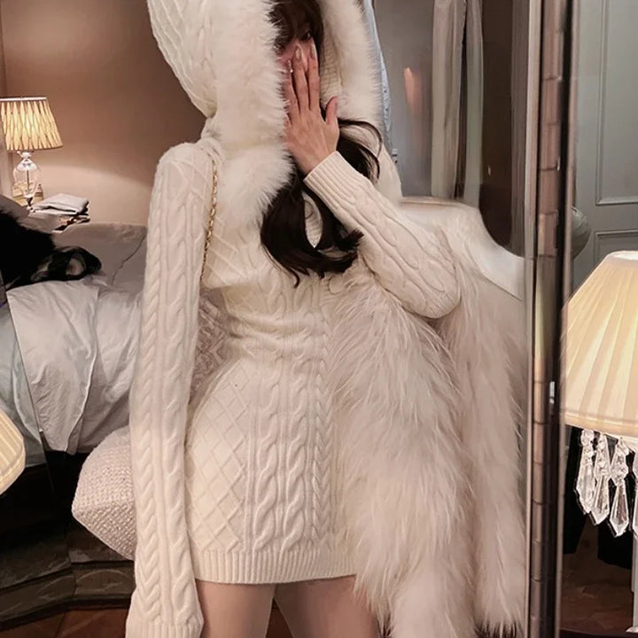 2024 Winter Knitted Sweater Dress with Hooded Women Slim Bodycon Y2k Mini Dress Faux Fur Female One Piece Dress Korean Elegant