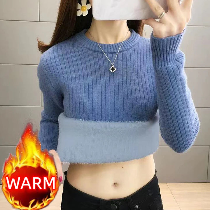 Turtleneck Winter Sweater Women Elegant  Sueter Fleece KnittedThicken Velvet Lined Warm Pullover Slim Top Jersey Knitwear Jumper