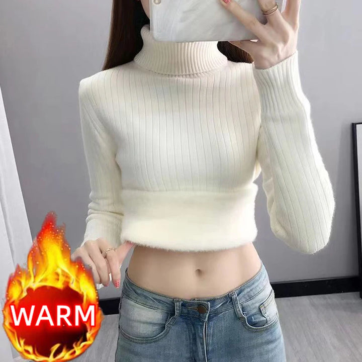 Turtleneck Winter Sweater Women Elegant  Sueter Fleece KnittedThicken Velvet Lined Warm Pullover Slim Top Jersey Knitwear Jumper