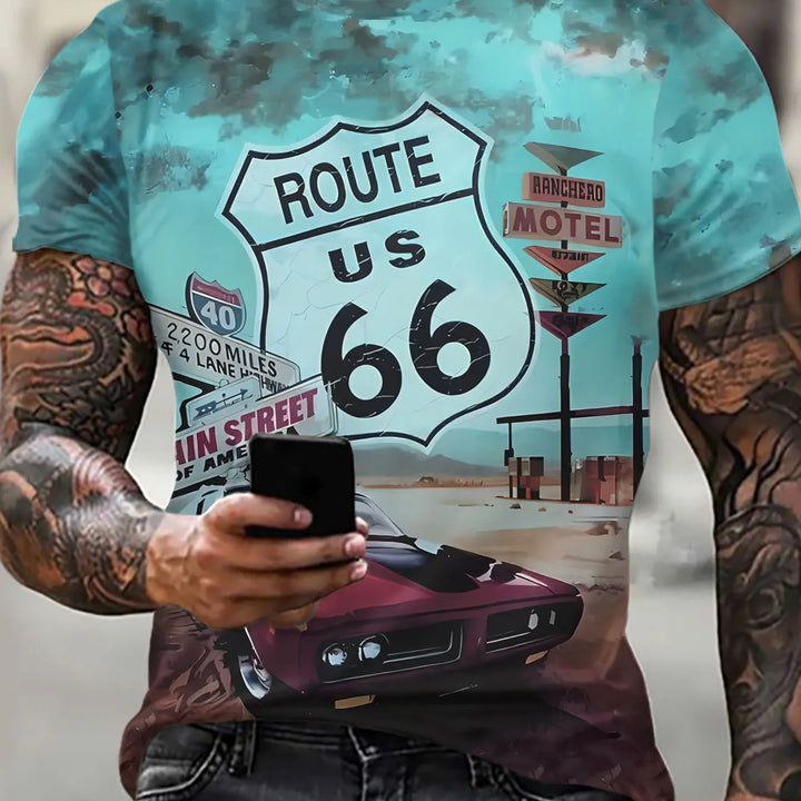 New Summer/Fall Men's Clothing 3d Printed Men's Route 66 Short Sleeve T-Shirt Men's Loose Fashion Casual Extra Size T-Shirt