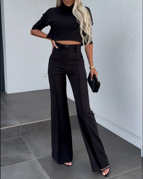 2024New Fashion Women's Elegant Small High Neck Casual Shorts Top Pocket Micro Horn Elegant Pants Set