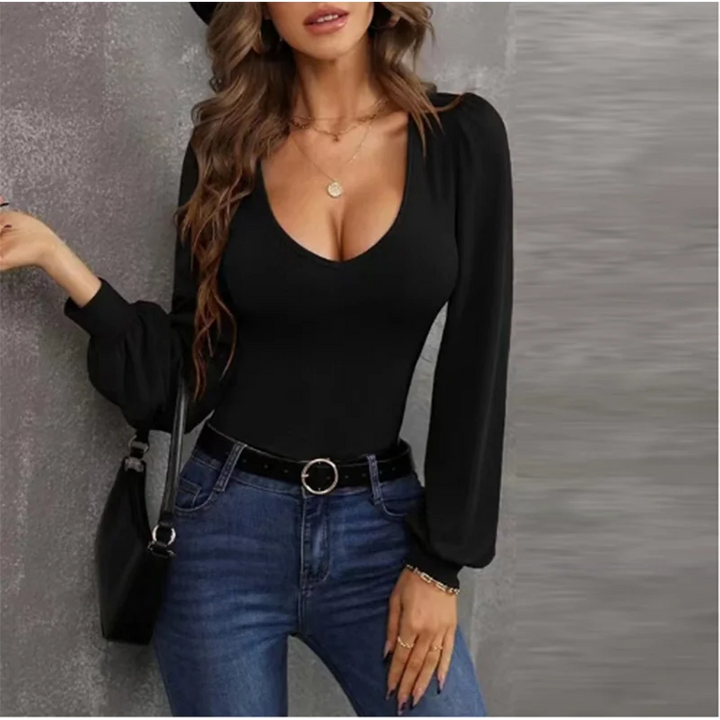 Sexy U-Neck Long Sleeve Slim Fit Top Women Solid Color Lantern Sleeve T-Shirt Autumn Fashion Top