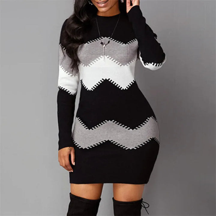 Women Elegant Patchwork Long Sleeve Warm Dress 2024 Autumn Winter Rib Knit Sweater Dress Casual Turtleneck Pullover Mini Dresses