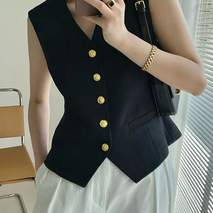 Retro high-end black V-neck suit vest women's summer waist slimming short style small fragrant vest jacket