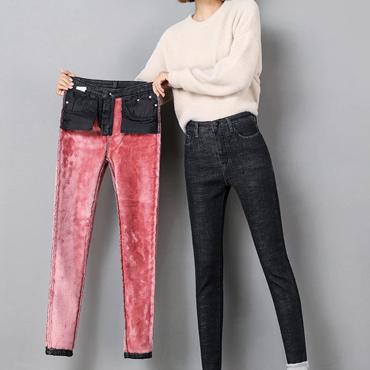 Women's Thick Warm Jeans, Stretch Tight Pencil Pants, Female Casual High Waist Slim Jeans, Winter Clothing, Fashion