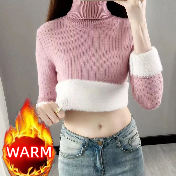 Turtleneck Winter Sweater Women Elegant  Sueter Fleece KnittedThicken Velvet Lined Warm Pullover Slim Top Jersey Knitwear Jumper