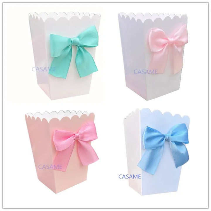 6pcs Popcorn Boxes with Bow Ribbon Paper Bag Favors Box Baby Shower Birthday Party Treat Favors Table Supplies Wedding