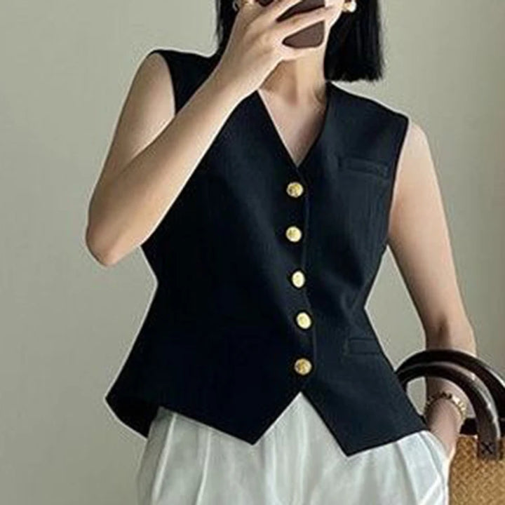 Retro high-end black V-neck suit vest women's summer waist slimming short style small fragrant vest jacket