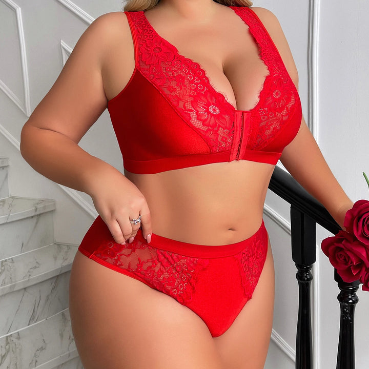 European and American plus size sexy solid color bra set with lace gathering deep V underwear for women