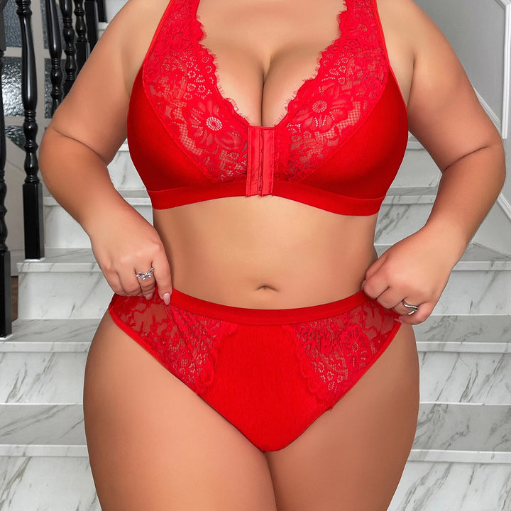 European and American plus size sexy solid color bra set with lace gathering deep V underwear for women