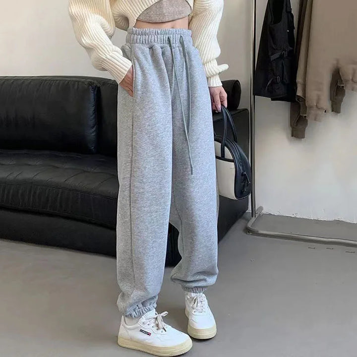 Autumn Winter Fleece Warm Sweatpants Women Solid Casual High Waist Sports Pants Woman All-match Drawstring Thick Harem Trousers