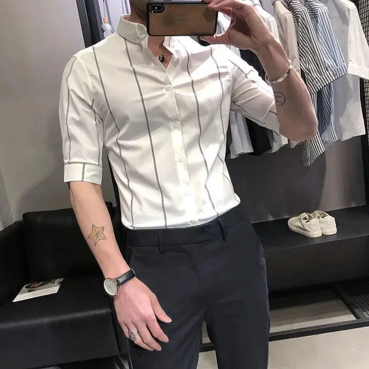 High Quality Korean Trend Stripe Long Sleeve Shirt Korean Men Lapel Social Business Casual Versatile Male Clothes Slim Tops 2024