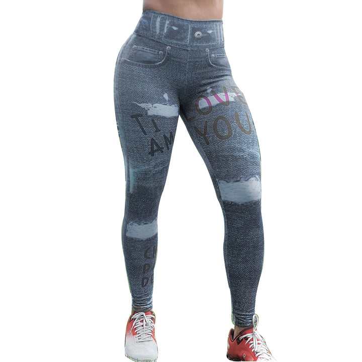 FCCEXIO Denim Telephone 3D Print Women Pants Push Up Running Sports Leggings Slim Pants Female Casual Trousers Fitness Legging