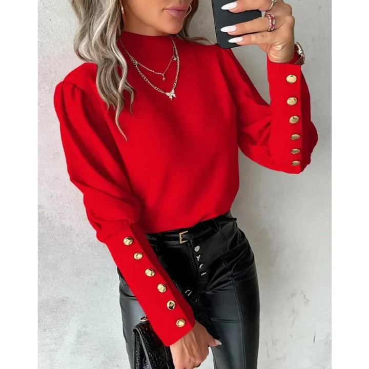 Autumn Commuter Elegant Women's Long Sleeved Shirt Simple Solid Color Round Neck Button Shirt Fashion Lace Backless Casual Shirt