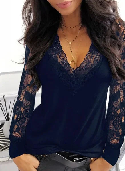 Stunning Lace Stitching V-Neck Tee with See-Through Long Sleeves for Women Y2k Clothes  Thirt Shirt Femme