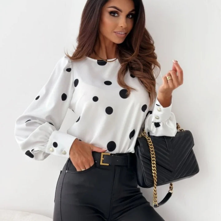 Wedifor Fashion Polka Dot Printed Women Shirts Long Sleeve O Neck Casual Blouse Black Elegant Ladies Pullover Tops Autumn Winter