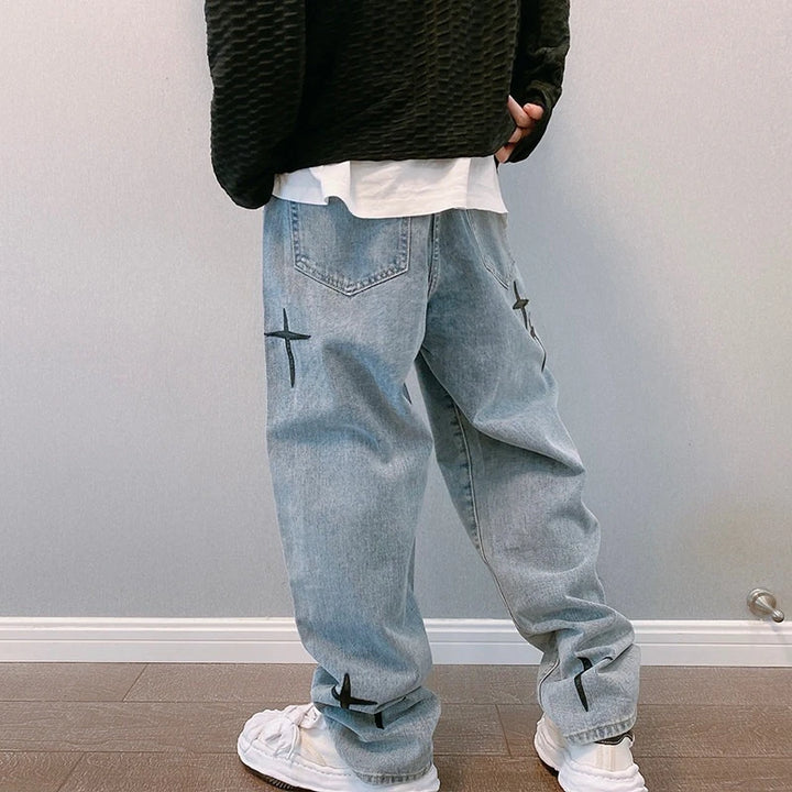 Prints Jeans Men 2024 New Streetwear Baggy Wide Leg Jeans Korean Fashion Drapes Straight Casual Loose Denim Cargo Pants