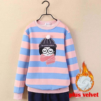 4 6 8 10 12 14 Year Teen Girls Sweatshirt Spring Kids Pullover Top Stripe Girls Clothes Winter Plus Velvet Warm Children Sweater